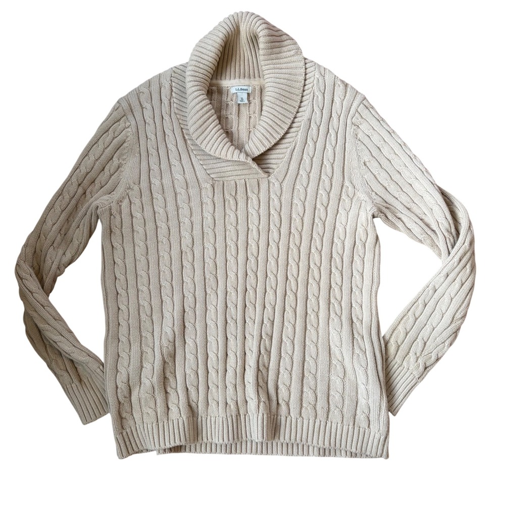 LL Bean Women's  XL Cream Cable Knit Shawl Collar Sweater Classic Coastal Preppy